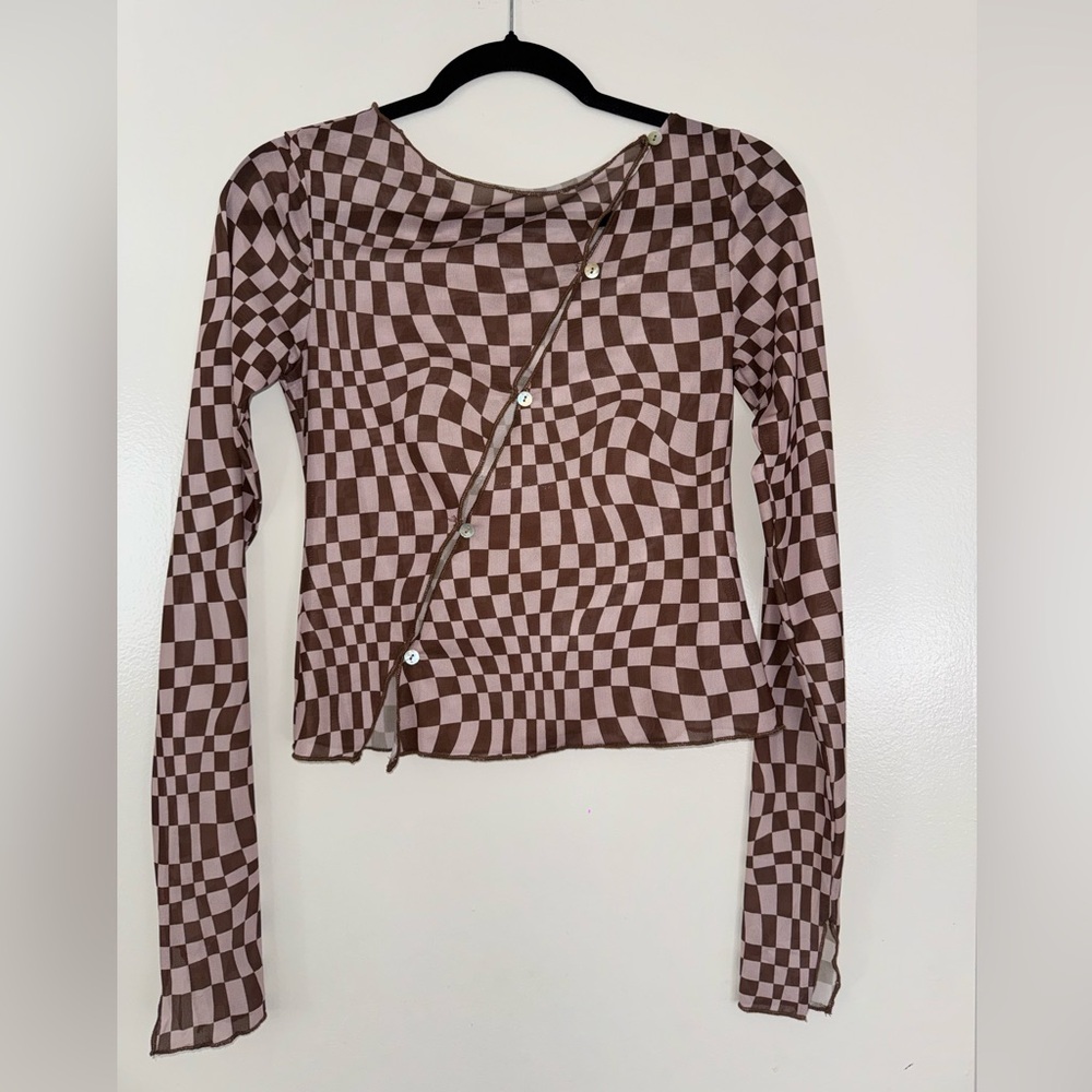 Brown and Light Pink Checkered Long Sleeve Mesh Top